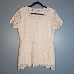 Isaac Mizrahi Live Ivory Lace Overlay Short Sleeve Top Women's Size Medium